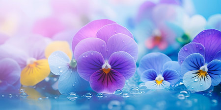 Flowers and leaves gradients delicate floral background with pansies.の素材