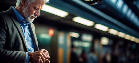 Senior businessman waiting at a metro station. Businessman's journeyの素材