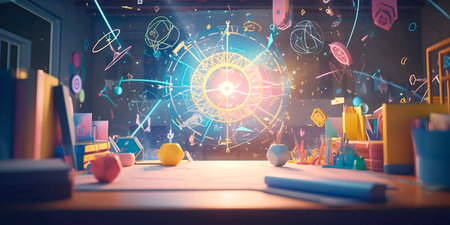 dynamic back to school background with a burst of colorful geometric shapes and symbols representing different academic subjects.の素材