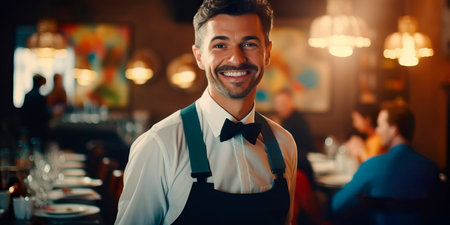 Handsome smiling waiter serving coffee to customersの素材