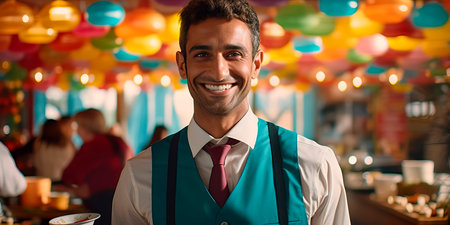 Handsome smiling waiter serving coffee to customersの素材