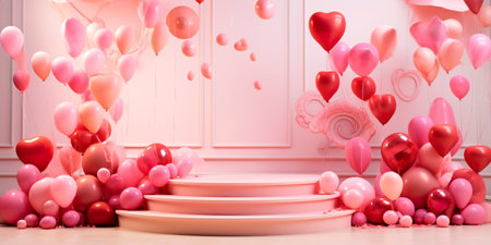 Design concept for Valentine's Day. podium stage with pink heart shaped balloons.の素材