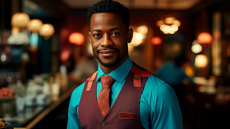Handsome smiling waiter serving coffee to customersの素材