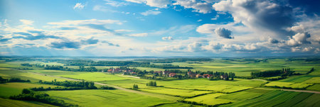 rural landscape from a bird's eye view with rural houses and fields.の素材