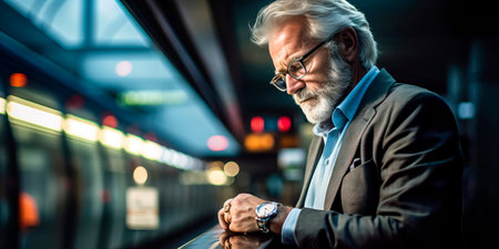 Senior businessman waiting at a metro station. Businessman's journeyの素材