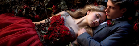 Young beautiful couple resting alone in natureの素材