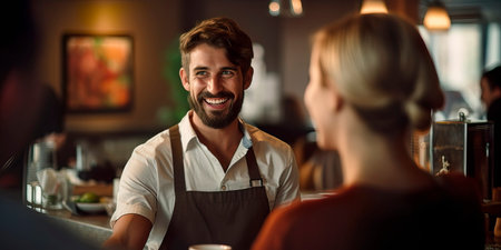 Handsome smiling waiter serving coffee to customersの素材