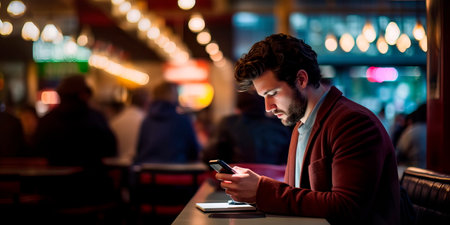 Businessman checking news on smartphone during lunchの素材