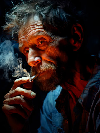 A man calms his nervous system by smoking a cigaretteの素材