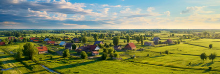 rural landscape from a bird's eye view with rural houses and fields.の素材