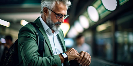 Senior businessman waiting at a metro station. Businessman's journeyの素材