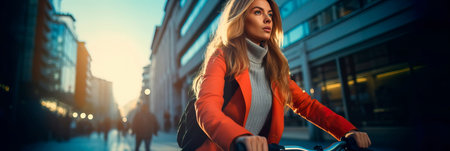 Thoughtful young woman riding a bicycle along a pedestrian path in the cityの素材
