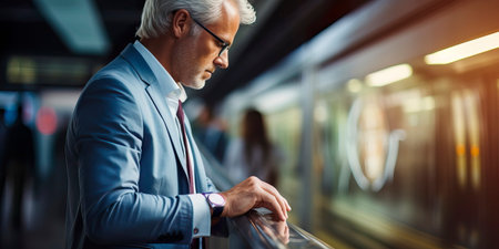 Senior businessman waiting at a metro station. Businessman's journeyの素材