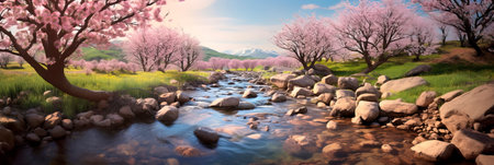 bubbling brook surrounded by blossoming trees, capturing the soothing and refreshing spirit of spring.Generative Aiの素材