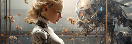 symbiosis between humans and robots, emphasizing the elegance and grace in the integration of bionic elements. Generative AIの素材