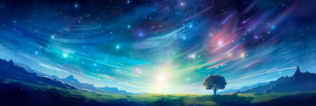 landscape of a starry magical night and its magical phenomena. Generative AIの素材