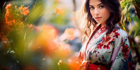Japanese woman in a kimono surrounded by a tranquil garden, embodying the harmony of nature. Generative AIの素材