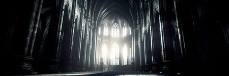 abstract architectural shadows in the context of a Gothic cathedral, emphasizing intricate details and historical elements. Generative AIの素材