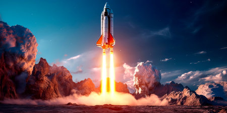 rocket starting its space exploration mission, with the starry sky as a backdrop. Generative AIの素材