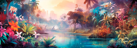 a fun adventure in the tropical jungle, capturing vibrant flora and fauna. Generative AIの素材