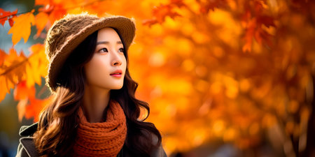 Capturing the beauty of autumn, with a Japanese woman adorned in warm colors against a backdrop of falling leaves. Generative AIの素材