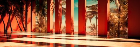 abstract architectural shadows of palm trees, conveying a tropical atmosphere and play of shadows. Generative AIの素材