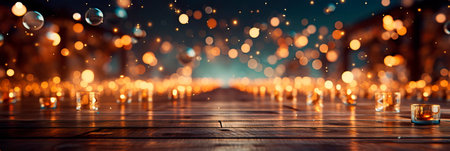 abstract background and bokeh effect of wooden floor, falling balls on the city square. Generative AIの素材