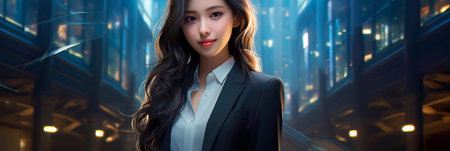professional Japanese woman in a sleek business setting, exuding confidence and elegance. Generative AIの素材