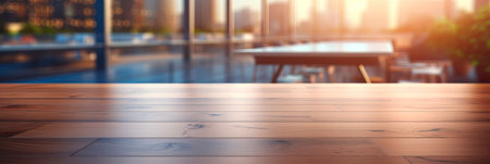 Wooden table with blurred office background, Generative Aiの素材