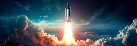 rocket soaring into the depths of deep space, leaving the Earth behind in pursuit of the unknown. Generative AIの素材