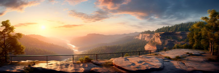 Cliffside providing panoramic views of valleys and distant landscapes. Generative AIの素材