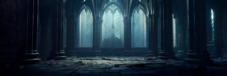 abstract architectural shadows in the context of a Gothic cathedral, emphasizing intricate details and historical elements. Generative AIの素材