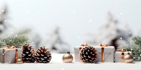Christmas scene with classic elements like fir tree branches, gifts, and pine cones on a wooden white rustic background, allowing for plenty of copy space. Generative AIの素材