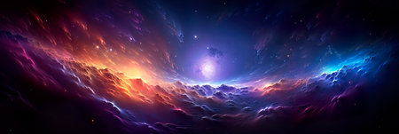 wave of galactic fusion, with multicolored fractals merging and emanating from a central starburst. Generative AIの素材