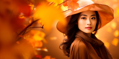 Capturing the beauty of autumn, with a Japanese woman adorned in warm colors against a backdrop of falling leaves. Generative AIの素材