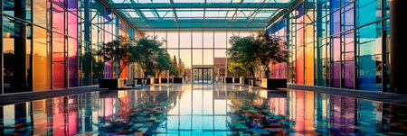 Featuring a luxury architectural background with a glass-encased atrium, merging interior and exterior spaces seamlessly. Generative AIの素材