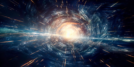 Vortex of time and space with dynamic fractal patterns converging into a central magic explosion star. Generative AIの素材
