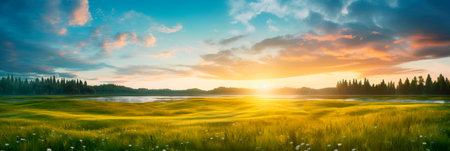 Meadow Sunrise scenic panorama with a sun-kissed meadow, showing the beauty of morning light. Generative AIの素材