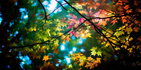 a mystical forest canopy with leaves casting intriguing shadows. Generative AIの素材