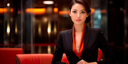 professional Japanese woman in a sleek business setting, exuding confidence and elegance. Generative AIの素材
