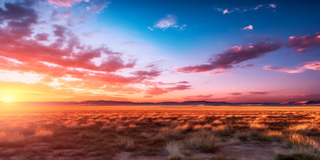 The warm hues of the sunset over the vast plains create a serene and expansive scene. Generative AIの素材