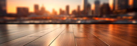 Wooden table with blurred office background, Generative Aiの素材