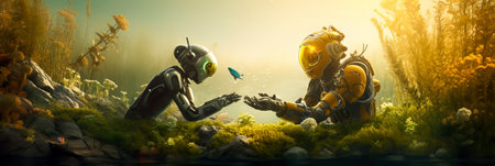 the role of robots in environmental sustainability, showing the symbiotic relationship between humans and technology in preserving the planet. Generative AIの素材