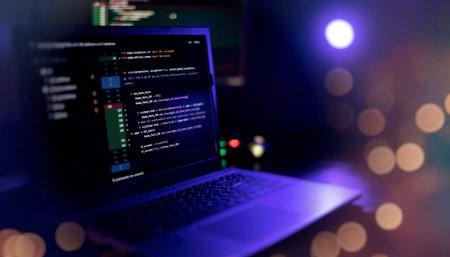 IT specialist workplace. Computer code data. Project managers