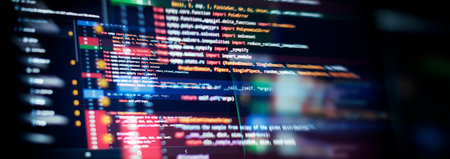 Running computer data programming. Coding script text on screen. Notebook closeup photo.