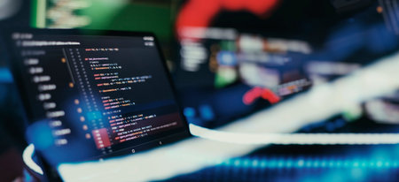 Monitor closeup of function source code. Abstract IT technology background.