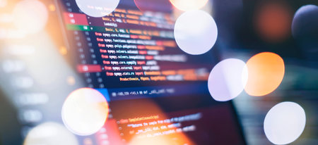 Running computer data programming. Coding script text on screen. Notebook closeup photo.