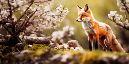 Background of a spring forest where a fox explores the world around him in search of prey.の素材