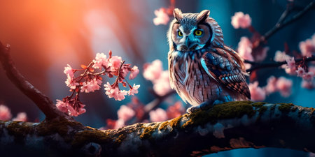 An owl sits on a branch in early spring. Beautiful bird of new lifeの素材
