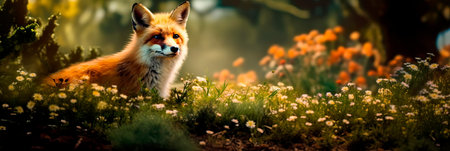Background of a spring forest where a fox explores the world around him in search of prey.の素材